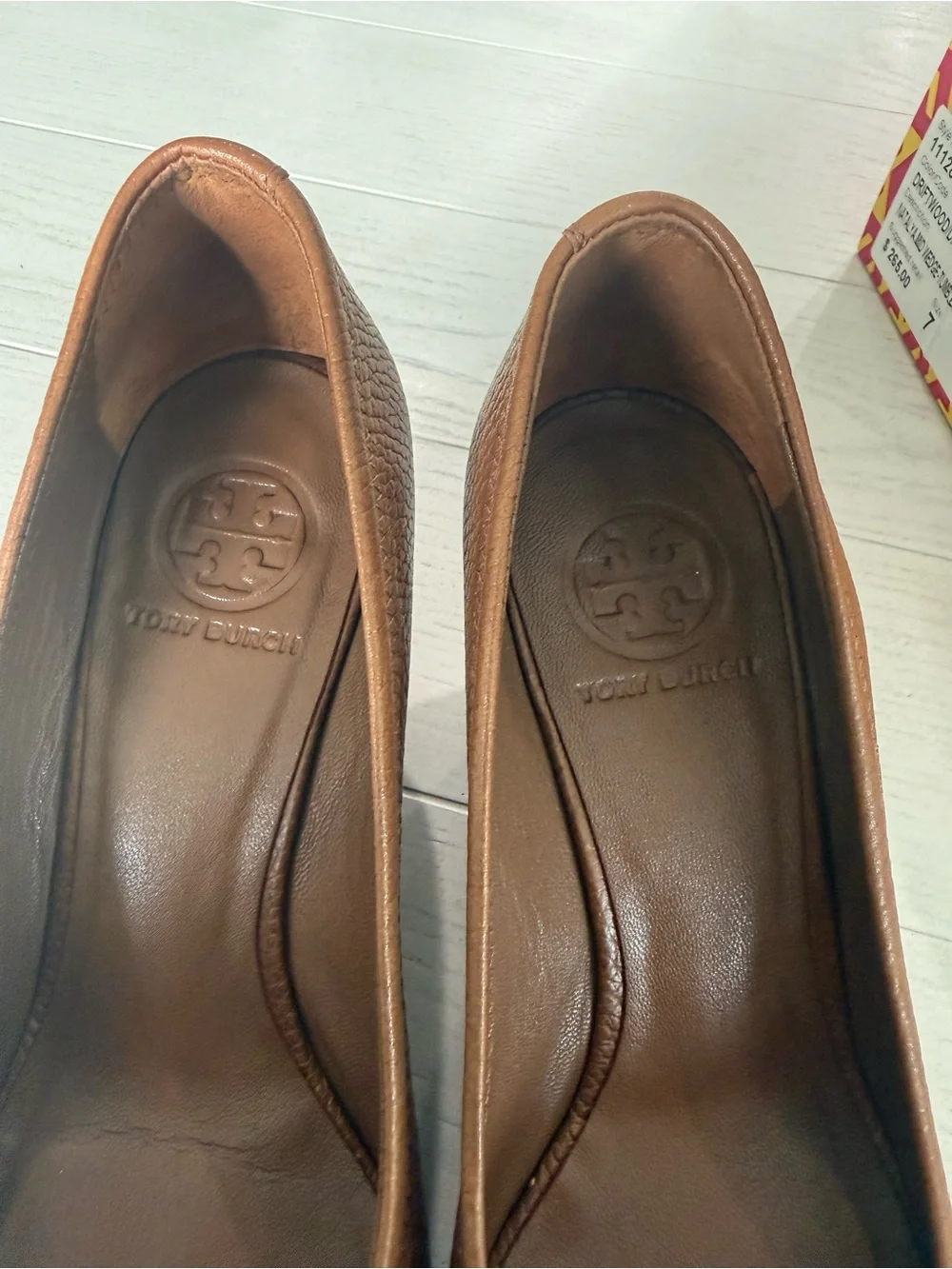 Tory Burch Tan Leather Logo Peep-Toe Wedges